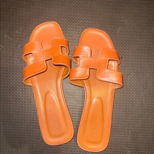 Brown/tan Women's Slide Sandals - Leather Strappy Slip-On